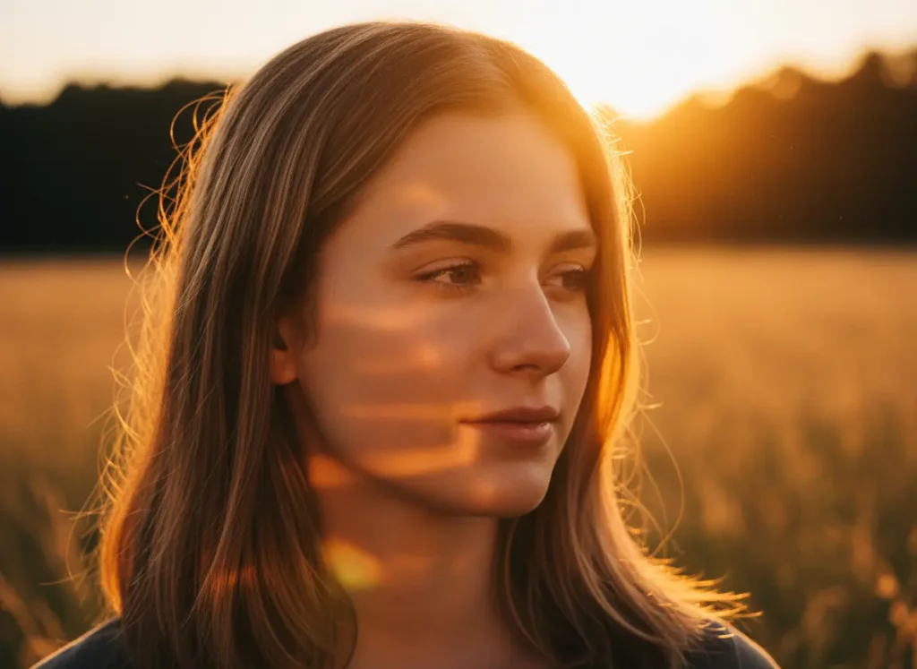 Retrat d’una dona amb llum càlida, exemple de com sortir bé a les fotos