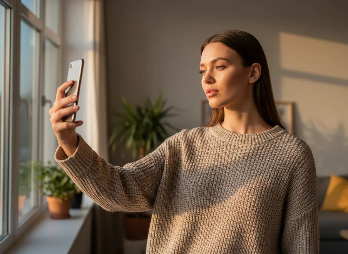 Dona fent un selfie amb llum natural, exemple de com sortir bé a les fotos de cara
