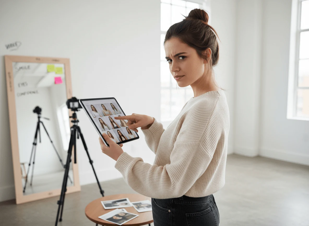 Dona practicant davant la càmera, exemple de com sortir bé a les fotos amb pràctica