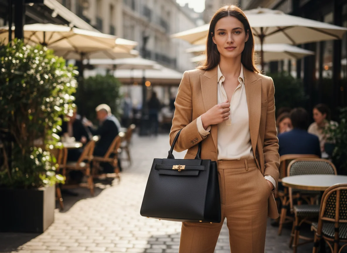 Dona amb bolso posant de manera natural per sortir bé a les fotos