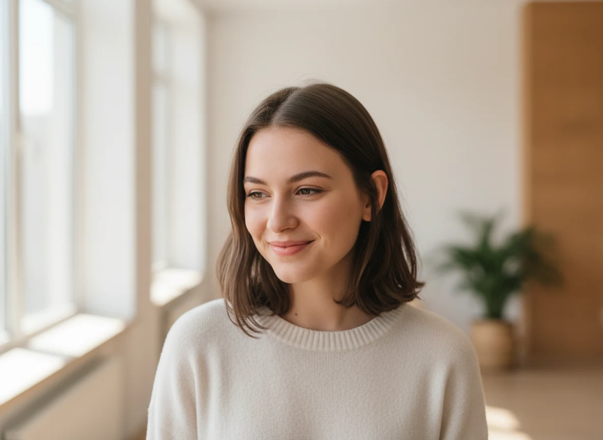 Dona amb mirada relaxada i llum suau, exemple de com sortir bé a les fotos